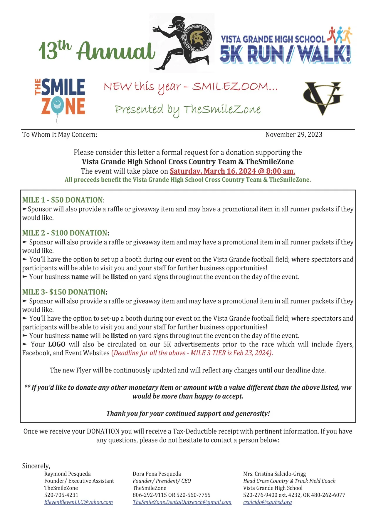 Vista Grande High School 13th annual 5K run/walk details, March 16, 2024