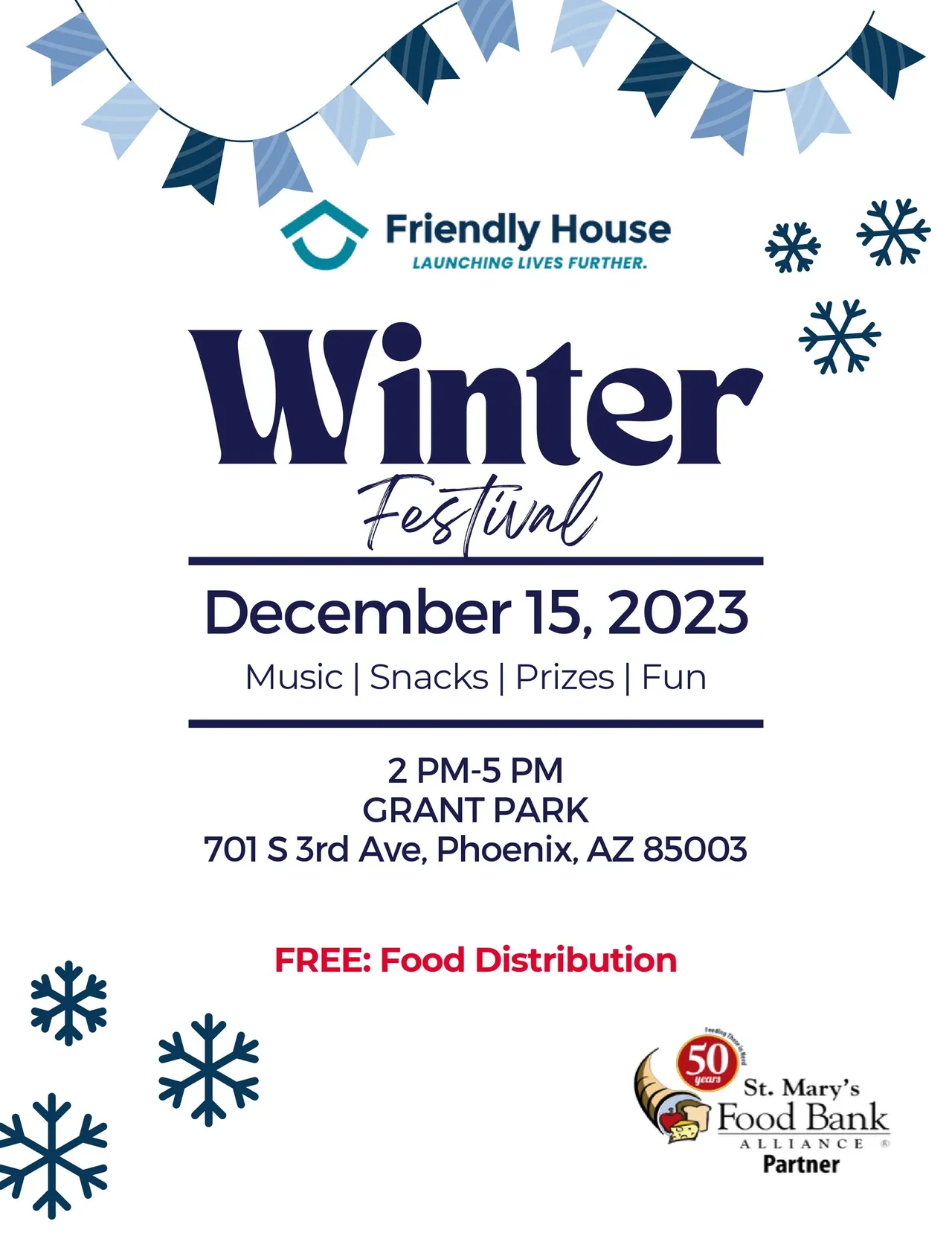Friendly House Winter Festival flyer, December 15, 2023, Grant Park, Phoenix