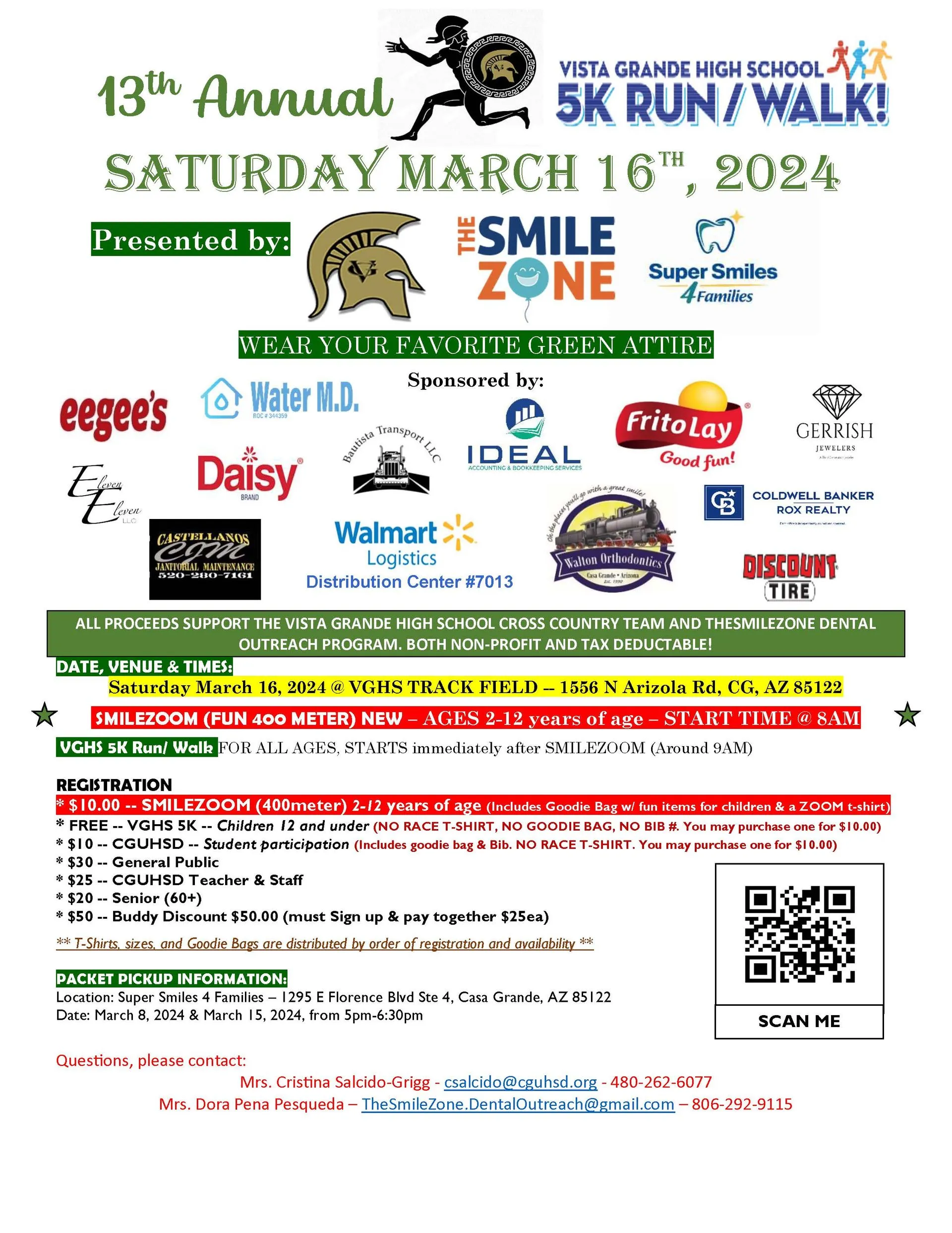 Vista Grande High School 13th annual 5K run/walk flyer presented by TheSmileZone
